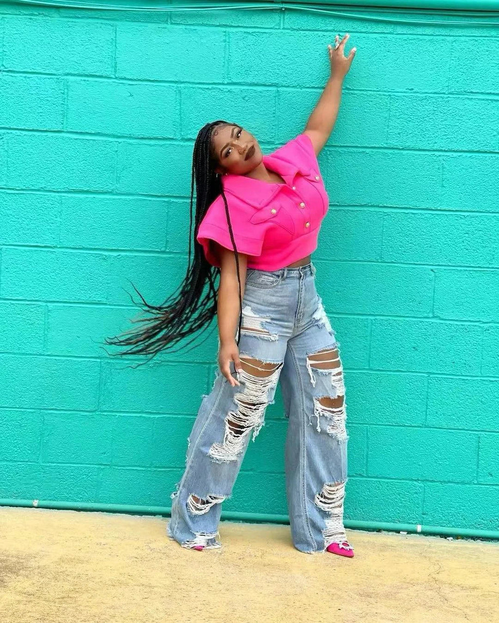 Jeans Women Long Pants Elegant Splice Denim Pant Slim Fit Sexy Hole High Waist Button Pocket Straight Trousers Summer 2024 MANDOTOS
