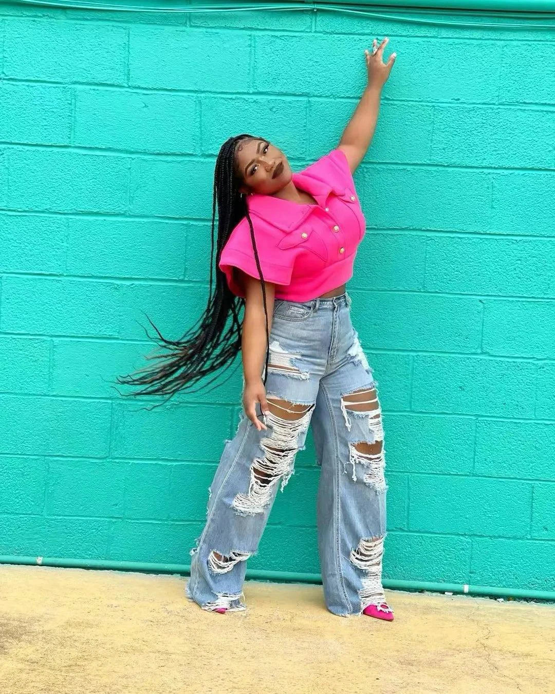 Jeans Women Long Pants Elegant Splice Denim Pant Slim Fit Sexy Hole High Waist Button Pocket Straight Trousers Summer 2024 MANDOTOS