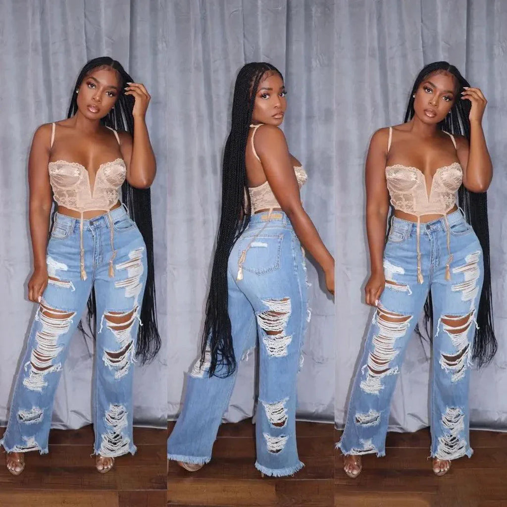 Jeans Women Long Pants Elegant Splice Denim Pant Slim Fit Sexy Hole High Waist Button Pocket Straight Trousers Summer 2024 MANDOTOS