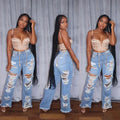 Jeans Women Long Pants Elegant Splice Denim Pant Slim Fit Sexy Hole High Waist Button Pocket Straight Trousers Summer 2024 MANDOTOS