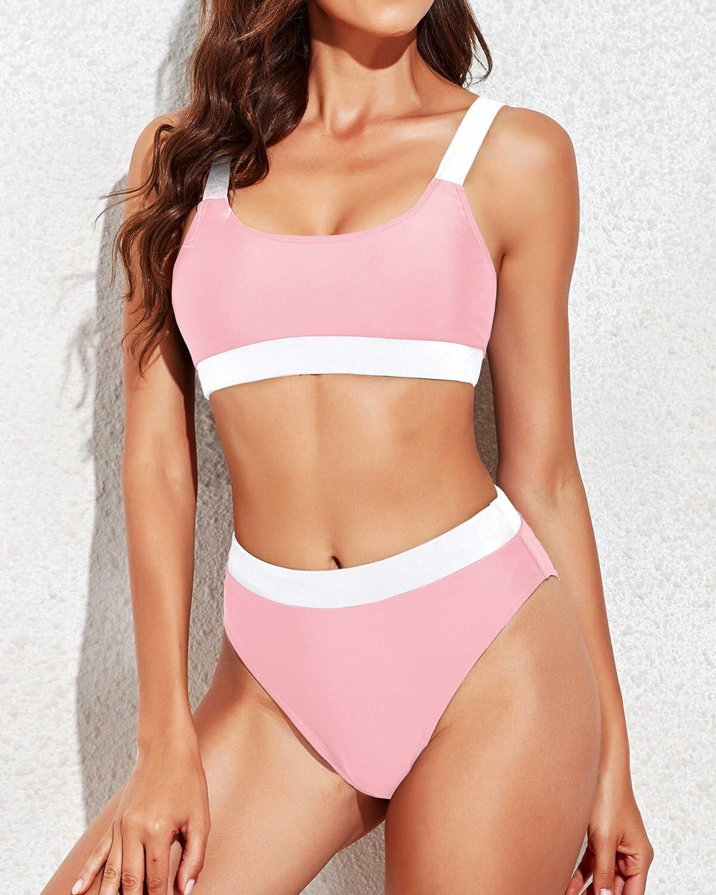 Tempt Me Women Pink White Two Piece High Waisted Bikini Swimsuit XL Deal US