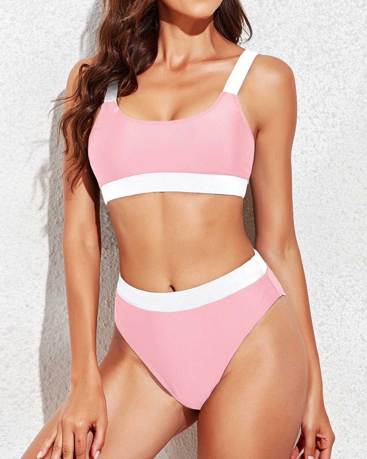 Tempt Me Women Pink White Two Piece High Waisted Bikini Swimsuit XL Deal US