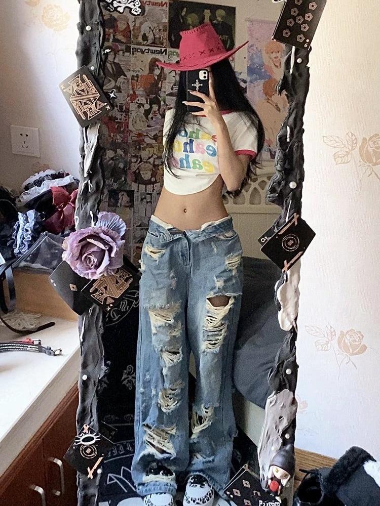 Plus Size American High Street Wide Leg Ripped Denim Women's Summer Retro High Waist Straight-leg Loose Mop Pants Pants MANDOTOS