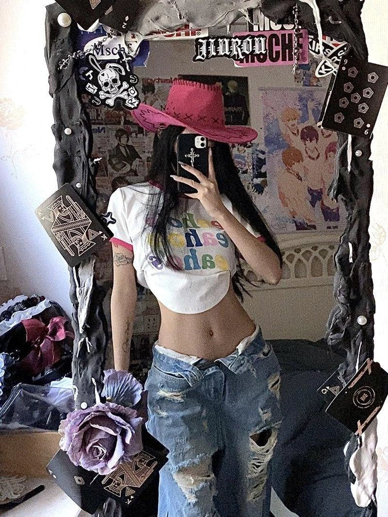 Plus Size American High Street Wide Leg Ripped Denim Women's Summer Retro High Waist Straight-leg Loose Mop Pants Pants MANDOTOS