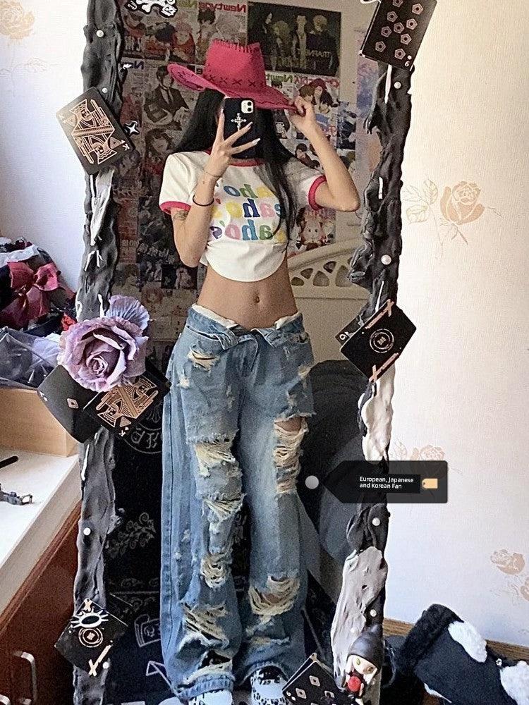 Plus Size American High Street Wide Leg Ripped Denim Women's Summer Retro High Waist Straight-leg Loose Mop Pants Pants MANDOTOS