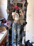 Plus Size American High Street Wide Leg Ripped Denim Women's Summer Retro High Waist Straight-leg Loose Mop Pants Pants MANDOTOS