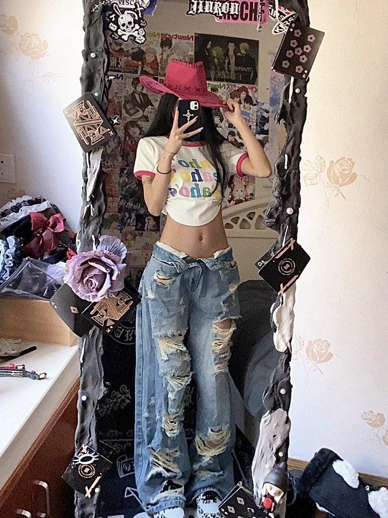 Plus Size American High Street Wide Leg Ripped Denim Women's Summer Retro High Waist Straight-leg Loose Mop Pants Pants MANDOTOS