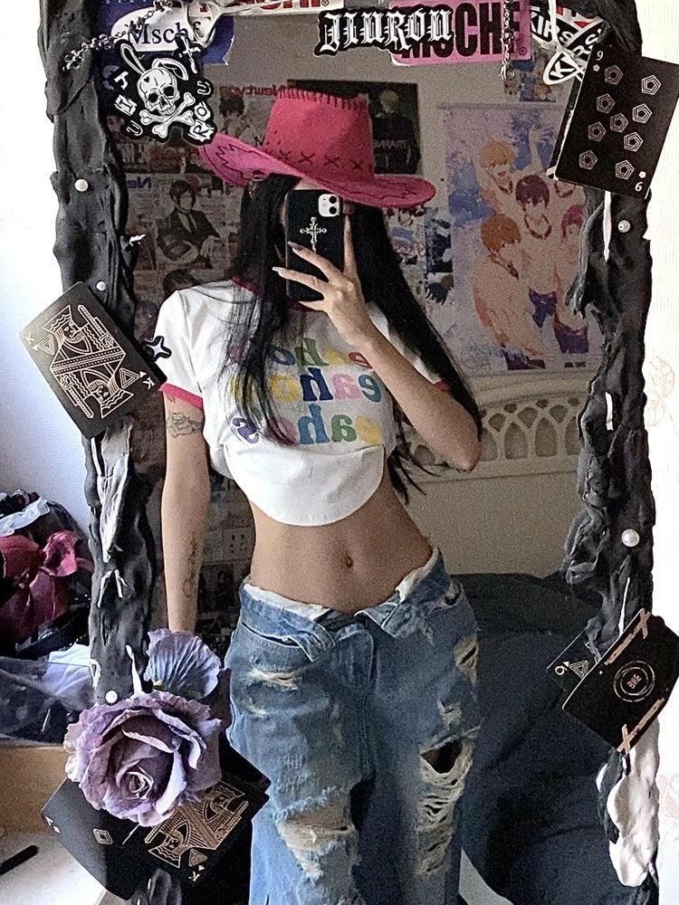 Plus Size American High Street Wide Leg Ripped Denim Women's Summer Retro High Waist Straight-leg Loose Mop Pants Pants MANDOTOS