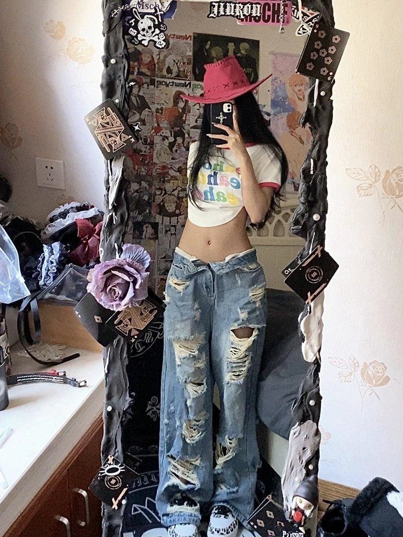 Plus Size American High Street Wide Leg Ripped Denim Women's Summer Retro High Waist Straight-leg Loose Mop Pants Pants MANDOTOS