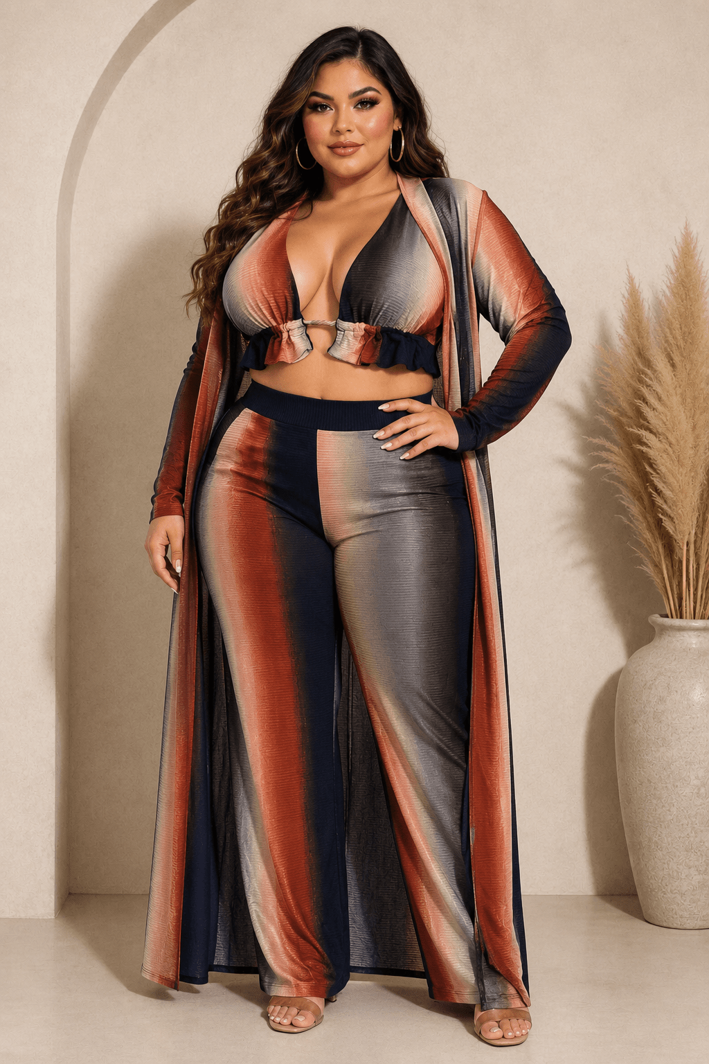 Plus Size Ombre 3-Piece Pant Set with Cardigan – Summer Vacation Outfit Blaire Shops
