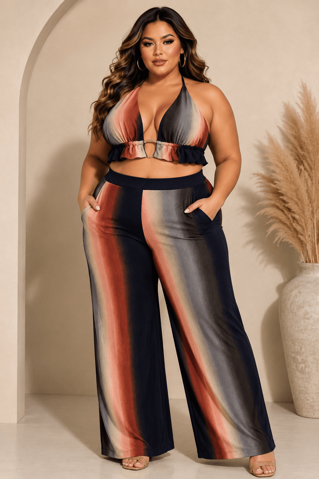 Plus Size Ombre 3-Piece Pant Set with Cardigan – Summer Vacation Outfit Blaire Shops
