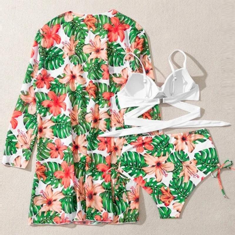 Summer Floral Print Bikini Swimsuit Women 3 Piece High-Waist Bikini Set Swimwear Female Push-Up Bathing Suit Tropical High Waist Wrap Swimsuit With Beach Cover Ups Soft And Breathable Summer Bikini Stevvex