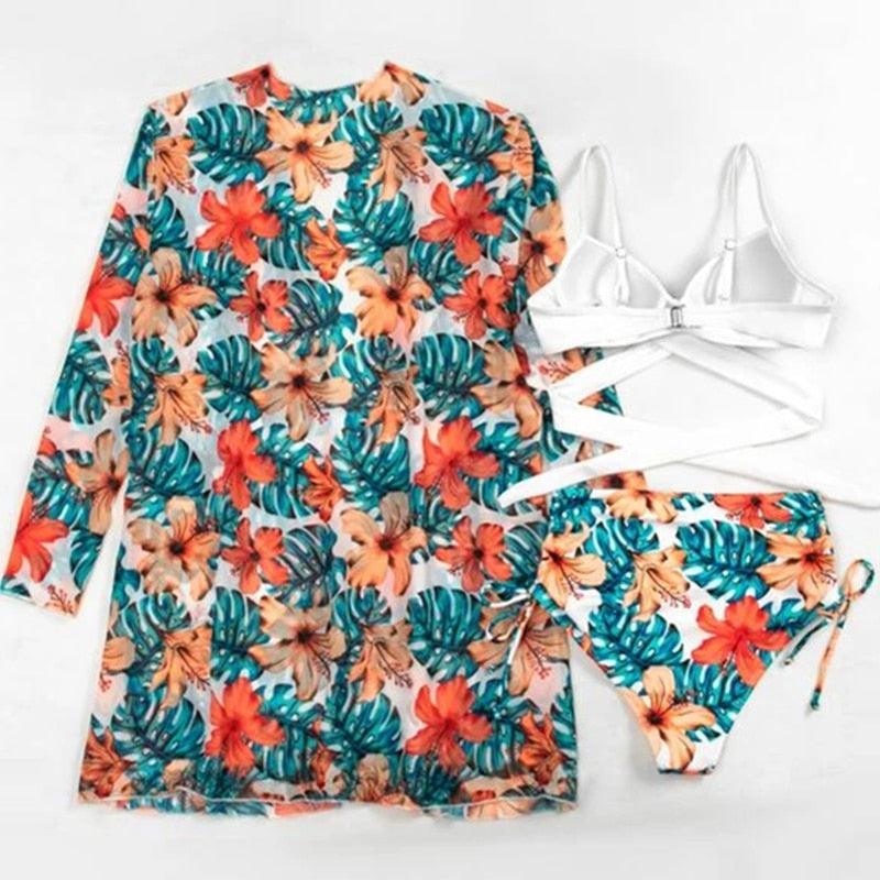 Summer Floral Print Bikini Swimsuit Women 3 Piece High-Waist Bikini Set Swimwear Female Push-Up Bathing Suit Tropical High Waist Wrap Swimsuit With Beach Cover Ups Soft And Breathable Summer Bikini Stevvex