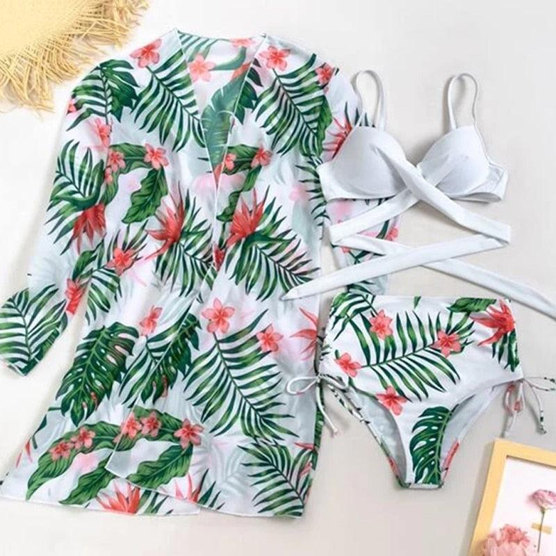 Summer Floral Print Bikini Swimsuit Women 3 Piece High-Waist Bikini Set Swimwear Female Push-Up Bathing Suit Tropical High Waist Wrap Swimsuit With Beach Cover Ups Soft And Breathable Summer Bikini Stevvex