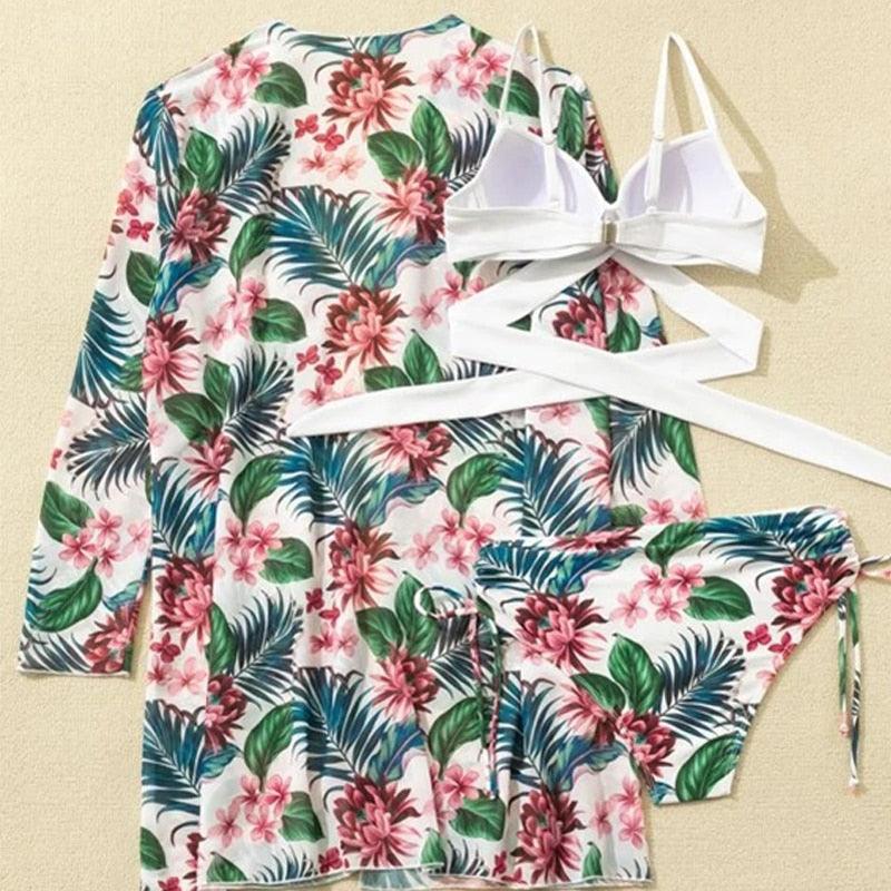 Summer Floral Print Bikini Swimsuit Women 3 Piece High-Waist Bikini Set Swimwear Female Push-Up Bathing Suit Tropical High Waist Wrap Swimsuit With Beach Cover Ups Soft And Breathable Summer Bikini Stevvex