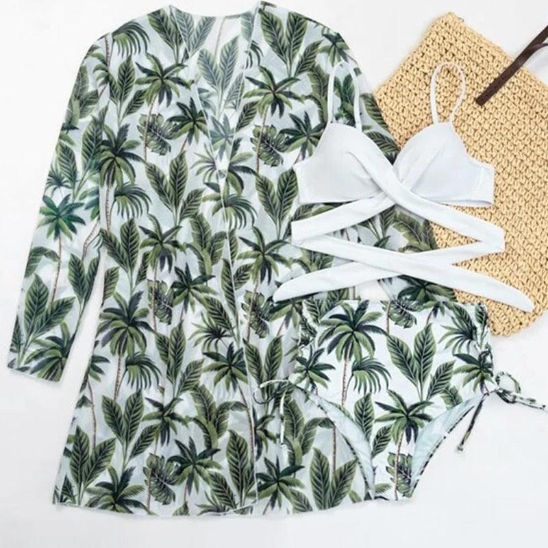 Summer Floral Print Bikini Swimsuit Women 3 Piece High-Waist Bikini Set Swimwear Female Push-Up Bathing Suit Tropical High Waist Wrap Swimsuit With Beach Cover Ups Soft And Breathable Summer Bikini Stevvex