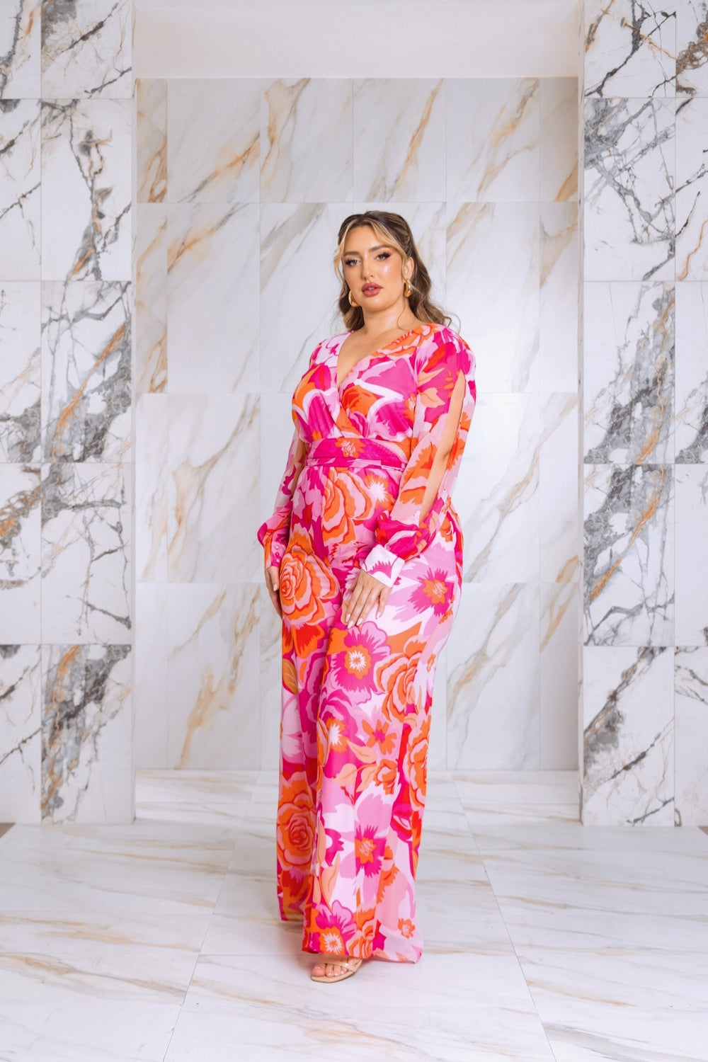 Plus Size Floral Print Jumpsuit with Long Bishop Split Sleeves - Pink Fasheabe