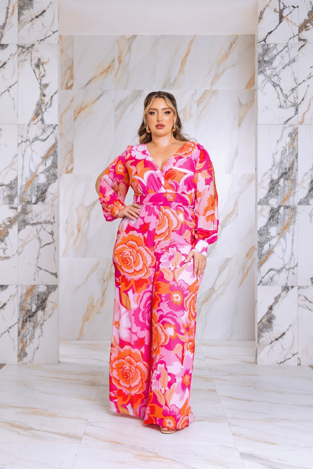 Plus Size Floral Print Jumpsuit with Long Bishop Split Sleeves - Pink Fasheabe