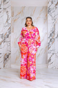Plus Size Floral Print Jumpsuit with Long Bishop Split Sleeves - Pink Fasheabe
