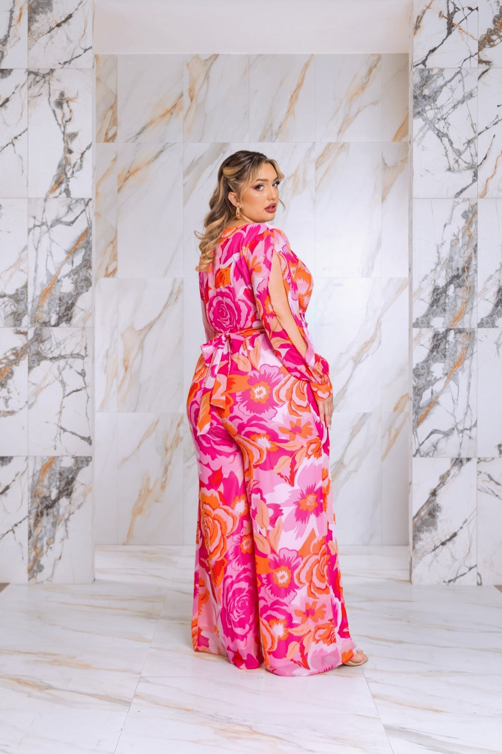 Plus Size Floral Print Jumpsuit with Long Bishop Split Sleeves - Pink Fasheabe