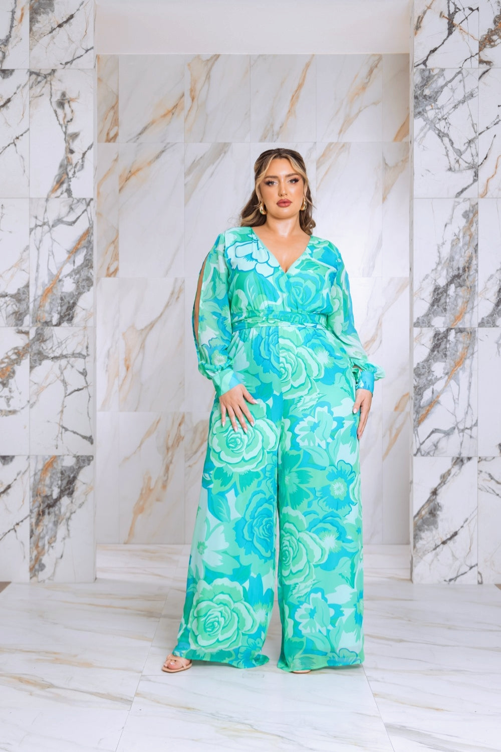 Plus Size Floral Print Jumpsuit with Long Bishop Split Sleeves - Green Fasheabe