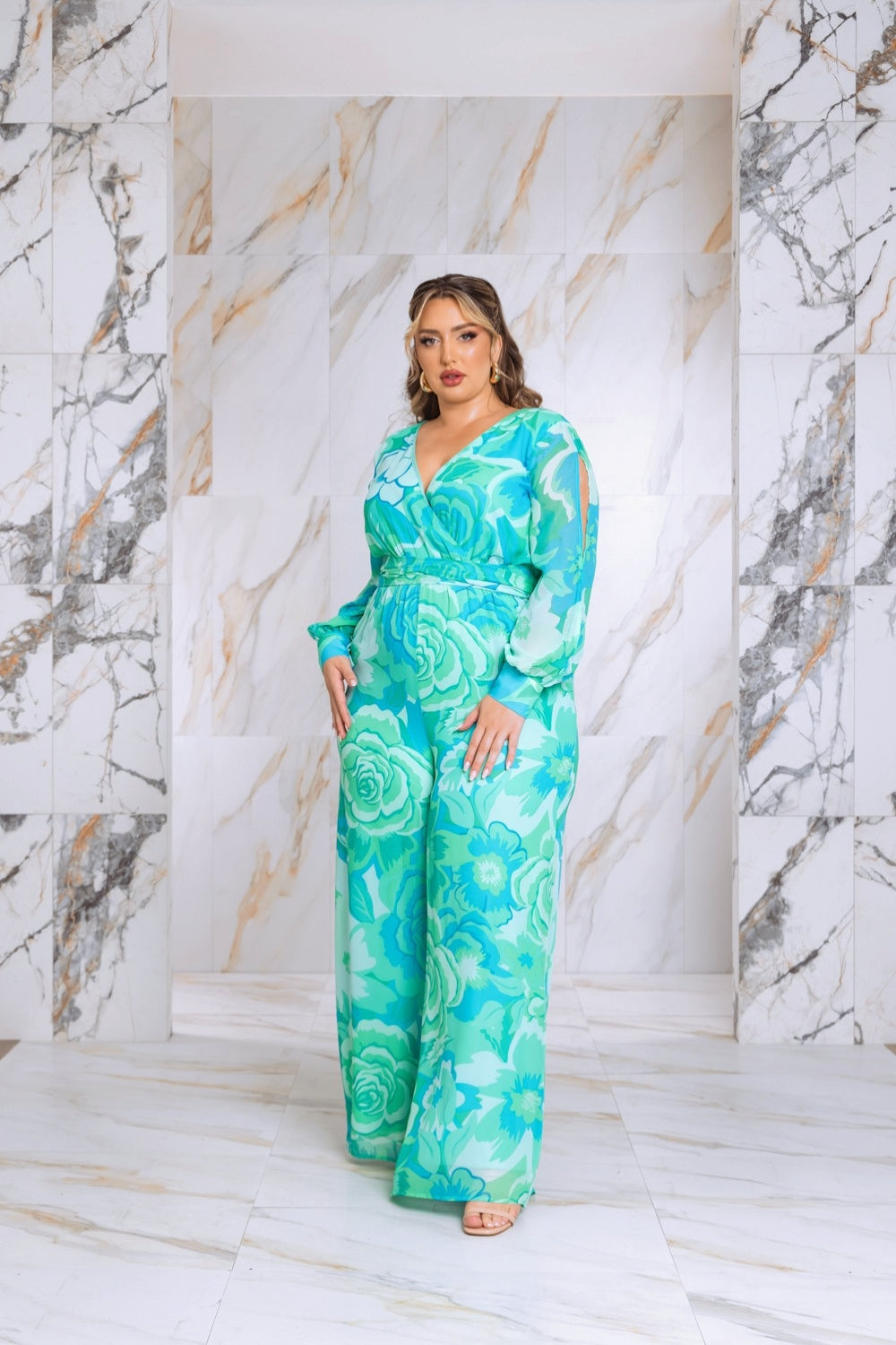 Plus Size Floral Print Jumpsuit with Long Bishop Split Sleeves - Green Fasheabe