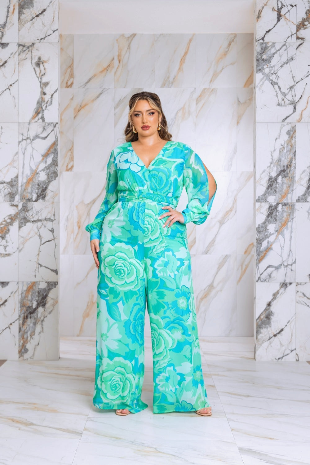 Plus Size Floral Print Jumpsuit with Long Bishop Split Sleeves - Green Fasheabe