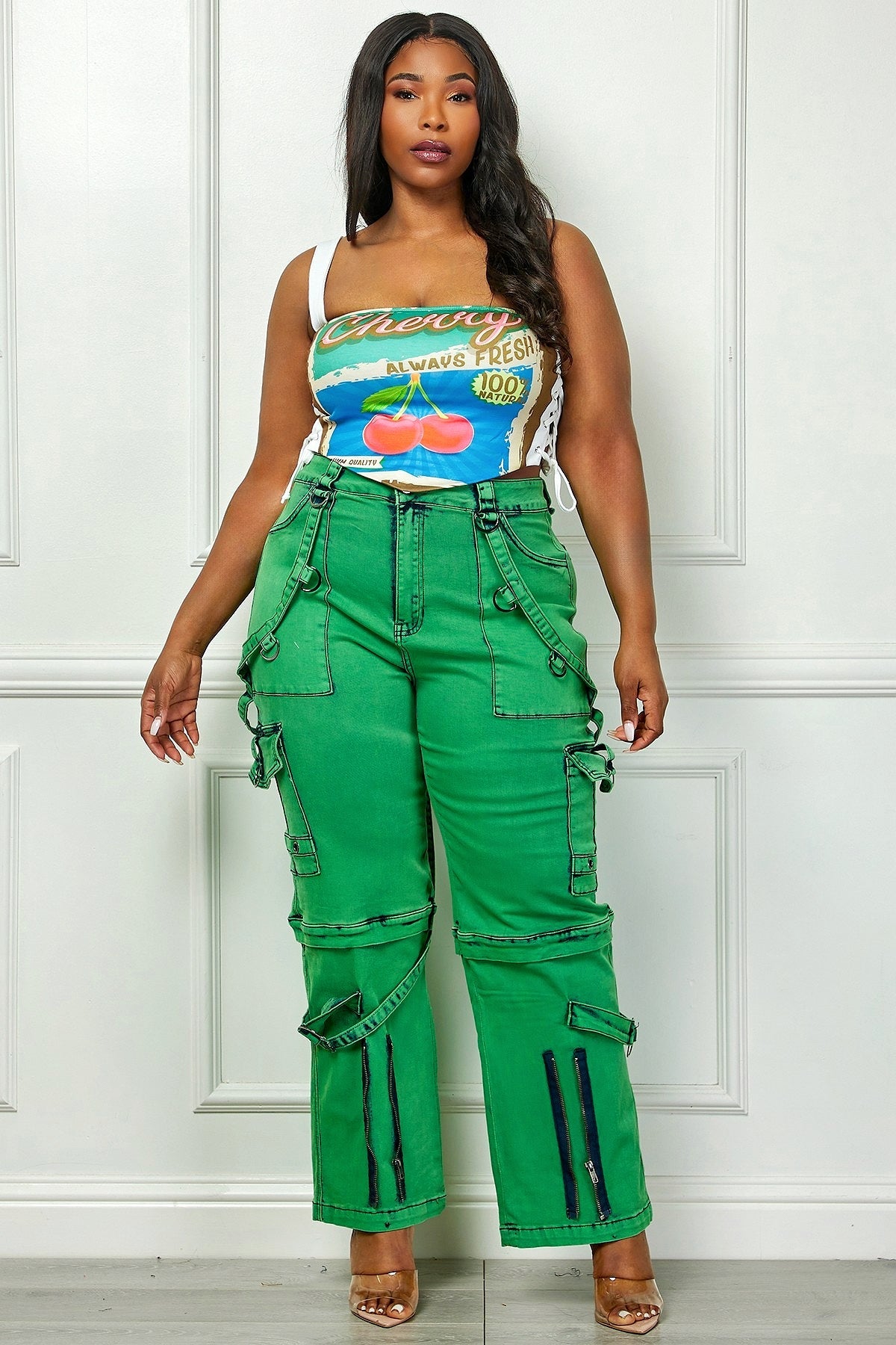 Oh So Crafty Utility Cargo Plus Size Denim Pants - Green Fasheabe