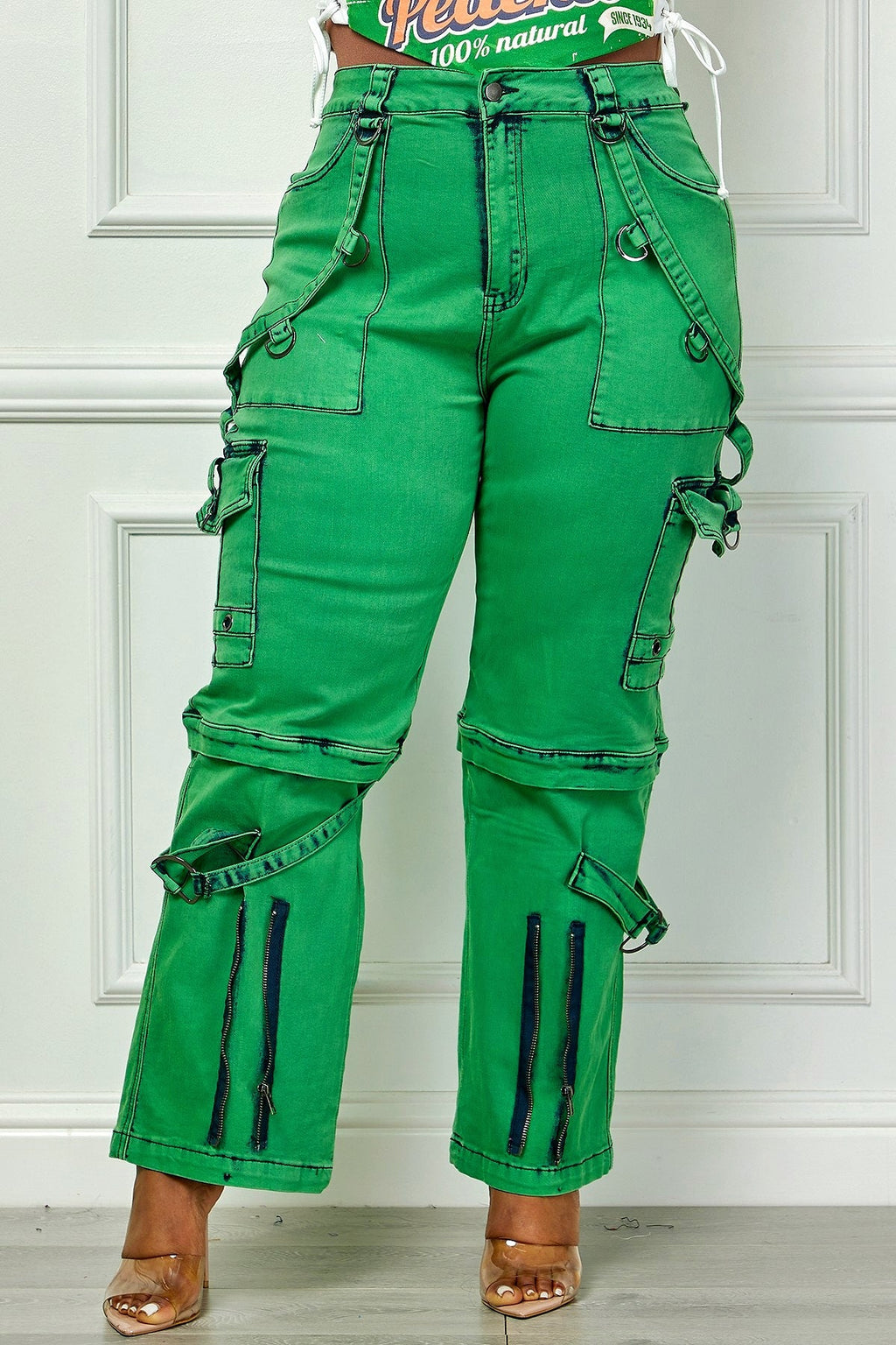 Oh So Crafty Utility Cargo Plus Size Denim Pants - Green Fasheabe