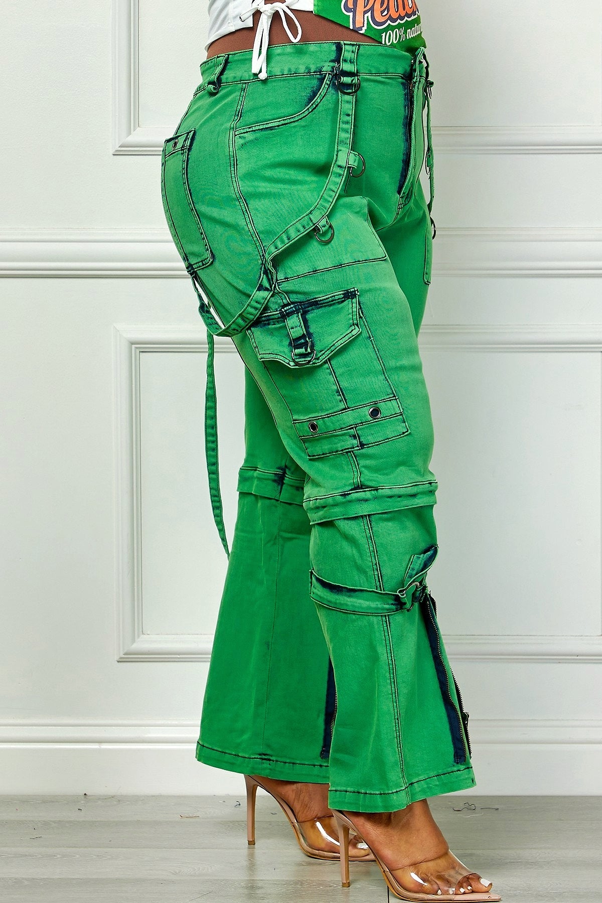Oh So Crafty Utility Cargo Plus Size Denim Pants - Green Fasheabe