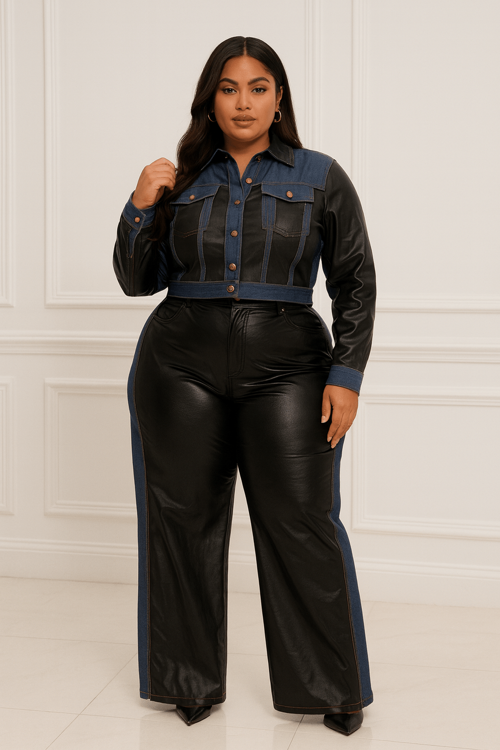 Samara Plus Size Denim Contrast Jacket And Pant Set Blaire Shops