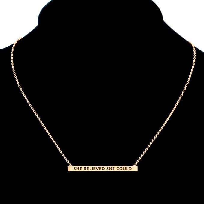 “She Believed She Could” Horizontal Metal Bar Pendant Gold Dipped Necklace Blaire Shops
