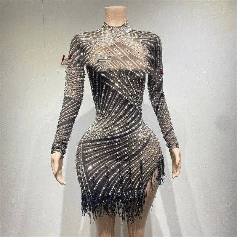 Sheer Beaded Tassel Dress Birthday Party Long Sleeve Royalessencelux