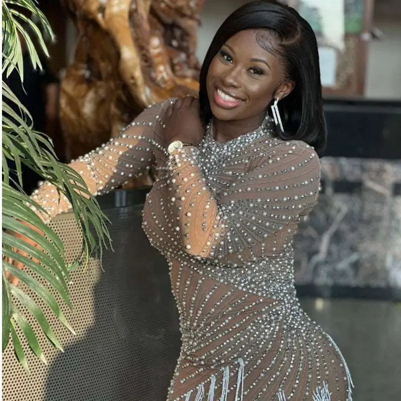 Sheer Beaded Tassel Dress Birthday Party Long Sleeve Royalessencelux