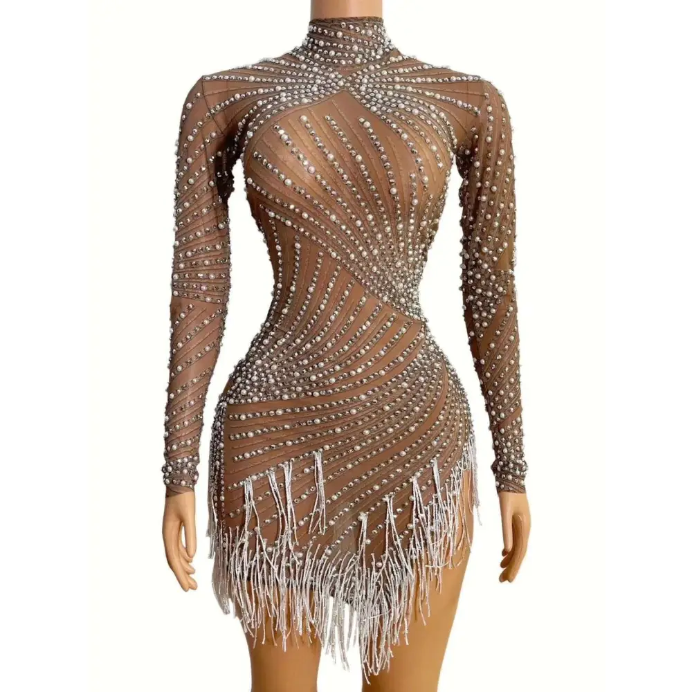 Sheer Beaded Tassel Dress Birthday Party Long Sleeve Royalessencelux