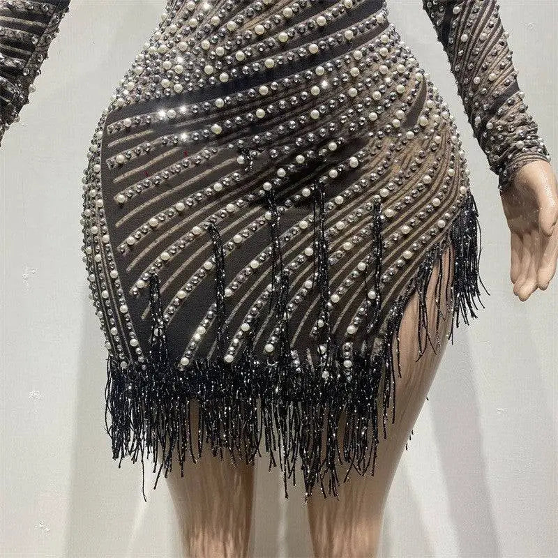 Sheer Beaded Tassel Dress Birthday Party Long Sleeve Royalessencelux