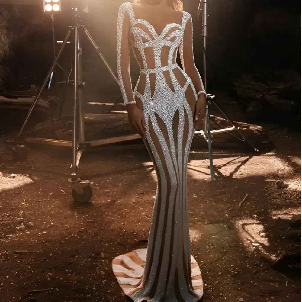 Silver Sequined Sprinkled Gold Banquet Evening Dress Royalessencelux
