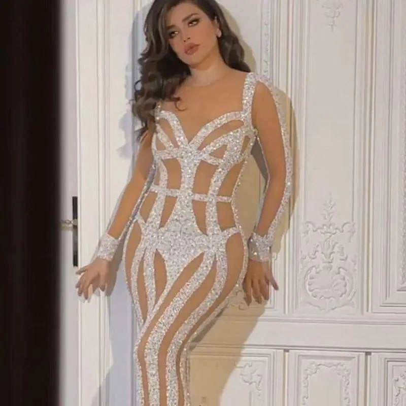 Silver Sequined Sprinkled Gold Banquet Evening Dress Royalessencelux