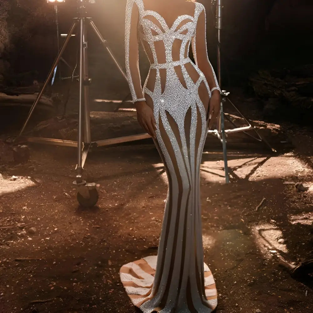 Silver Sequined Sprinkled Gold Banquet Evening Dress Royalessencelux