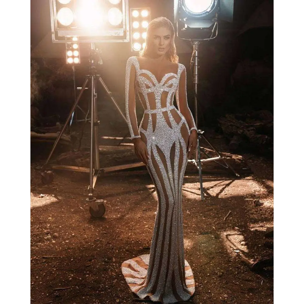 Silver Sequined Sprinkled Gold Banquet Evening Dress Royalessencelux