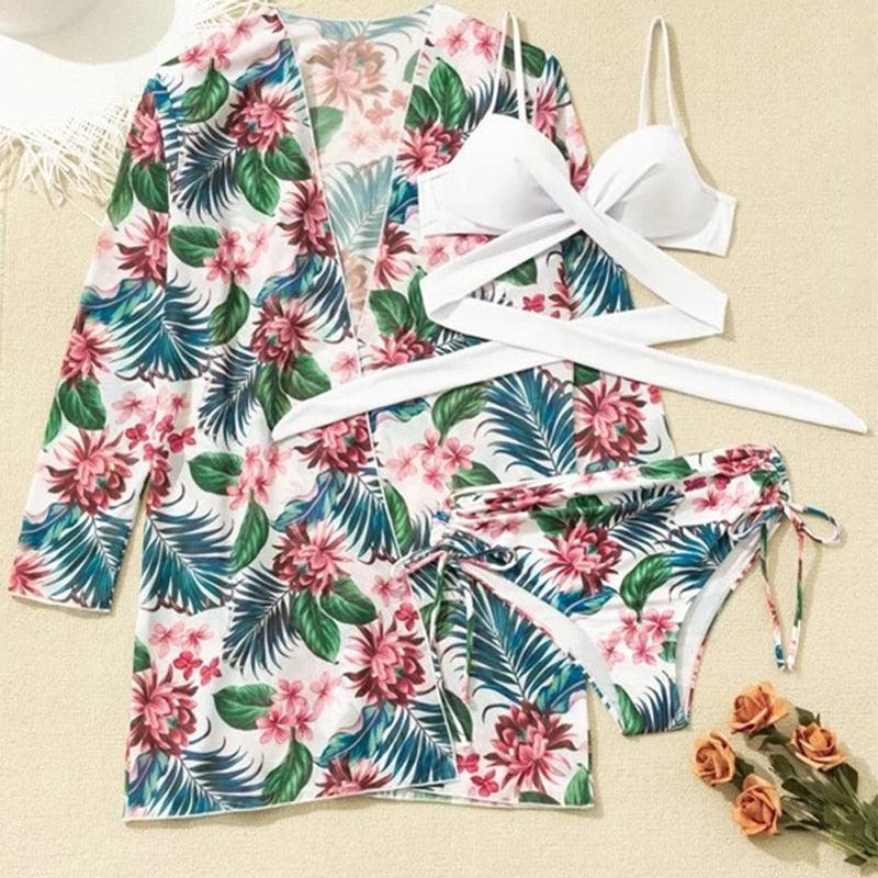 Summer Floral Print Bikini Swimsuit Women 3 Piece High-Waist Bikini Set Swimwear Female Push-Up Bathing Suit Tropical High Waist Wrap Swimsuit With Beach Cover Ups Soft And Breathable Summer Bikini Stevvex