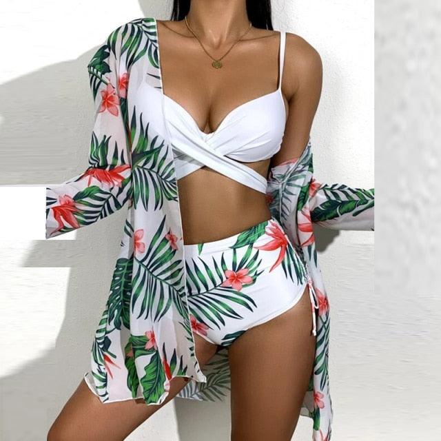 Summer Floral Print Bikini Swimsuit Women 3 Piece High-Waist Bikini Set Swimwear Female Push-Up Bathing Suit Tropical High Waist Wrap Swimsuit With Beach Cover Ups Soft And Breathable Summer Bikini Stevvex
