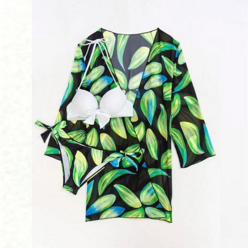 Summer Floral Print Bikini Swimsuit Women 3 Piece High-Waist Bikini Set Swimwear Female Push-Up Bathing Suit Tropical High Waist Wrap Swimsuit With Beach Cover Ups Soft And Breathable Summer Bikini Stevvex