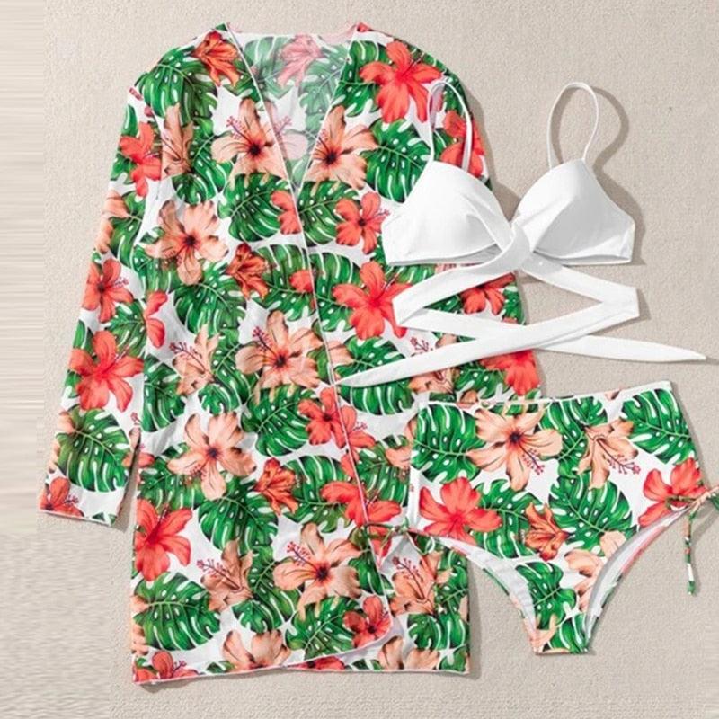 Summer Floral Print Bikini Swimsuit Women 3 Piece High-Waist Bikini Set Swimwear Female Push-Up Bathing Suit Tropical High Waist Wrap Swimsuit With Beach Cover Ups Soft And Breathable Summer Bikini Stevvex