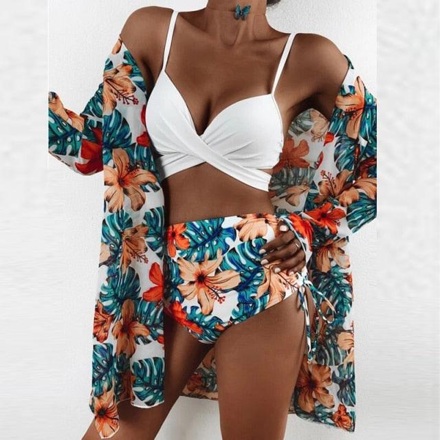 Summer Floral Print Bikini Swimsuit Women 3 Piece High-Waist Bikini Set Swimwear Female Push-Up Bathing Suit Tropical High Waist Wrap Swimsuit With Beach Cover Ups Soft And Breathable Summer Bikini Stevvex