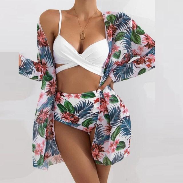 Summer Floral Print Bikini Swimsuit Women 3 Piece High-Waist Bikini Set Swimwear Female Push-Up Bathing Suit Tropical High Waist Wrap Swimsuit With Beach Cover Ups Soft And Breathable Summer Bikini Stevvex