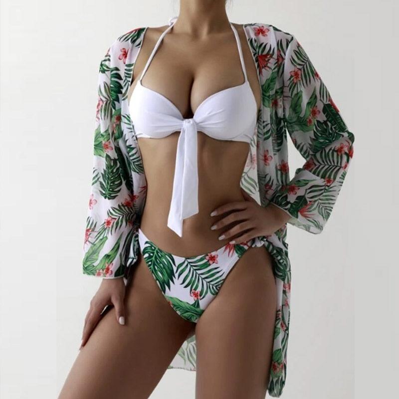 Summer Floral Print Bikini Swimsuit Women 3 Piece High-Waist Bikini Set Swimwear Female Push-Up Bathing Suit Tropical High Waist Wrap Swimsuit With Beach Cover Ups Soft And Breathable Summer Bikini Stevvex