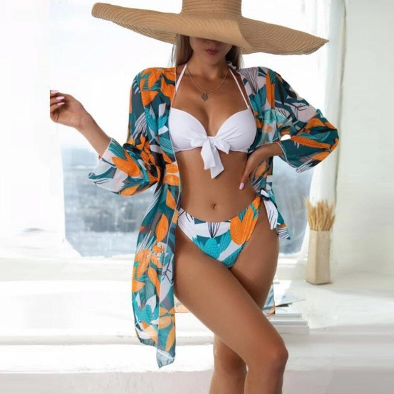 Summer Floral Print Bikini Swimsuit Women 3 Piece High-Waist Bikini Set Swimwear Female Push-Up Bathing Suit Tropical High Waist Wrap Swimsuit With Beach Cover Ups Soft And Breathable Summer Bikini Stevvex