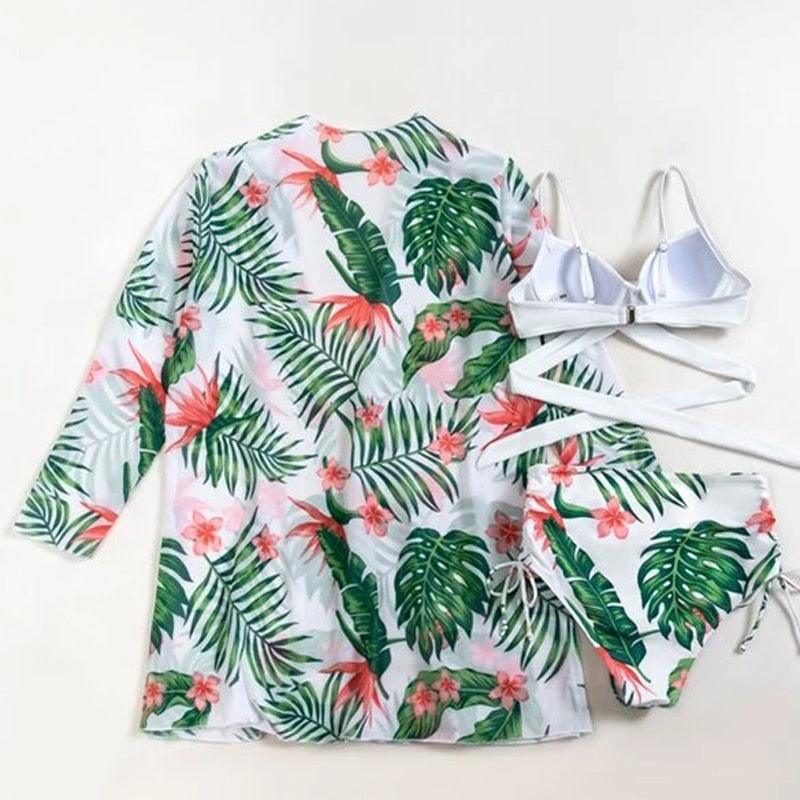 Summer Floral Print Bikini Swimsuit Women 3 Piece High-Waist Bikini Set Swimwear Female Push-Up Bathing Suit Tropical High Waist Wrap Swimsuit With Beach Cover Ups Soft And Breathable Summer Bikini Stevvex