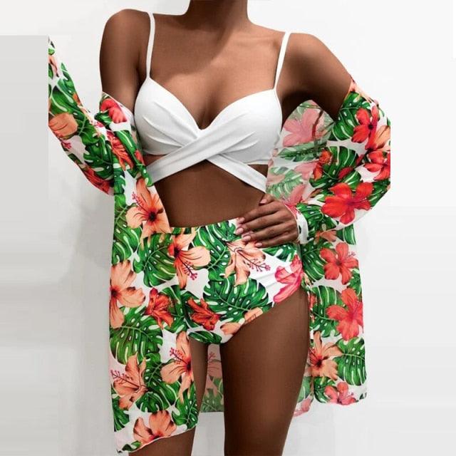 Summer Floral Print Bikini Swimsuit Women 3 Piece High-Waist Bikini Set Swimwear Female Push-Up Bathing Suit Tropical High Waist Wrap Swimsuit With Beach Cover Ups Soft And Breathable Summer Bikini Stevvex